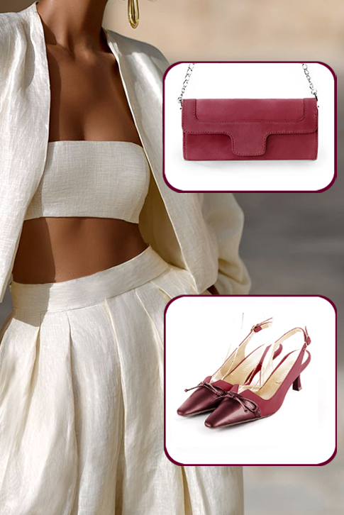 Dress slingback bow heels in burgundy red and raspberry red leather with medium spool heels and tapered toe - Top view